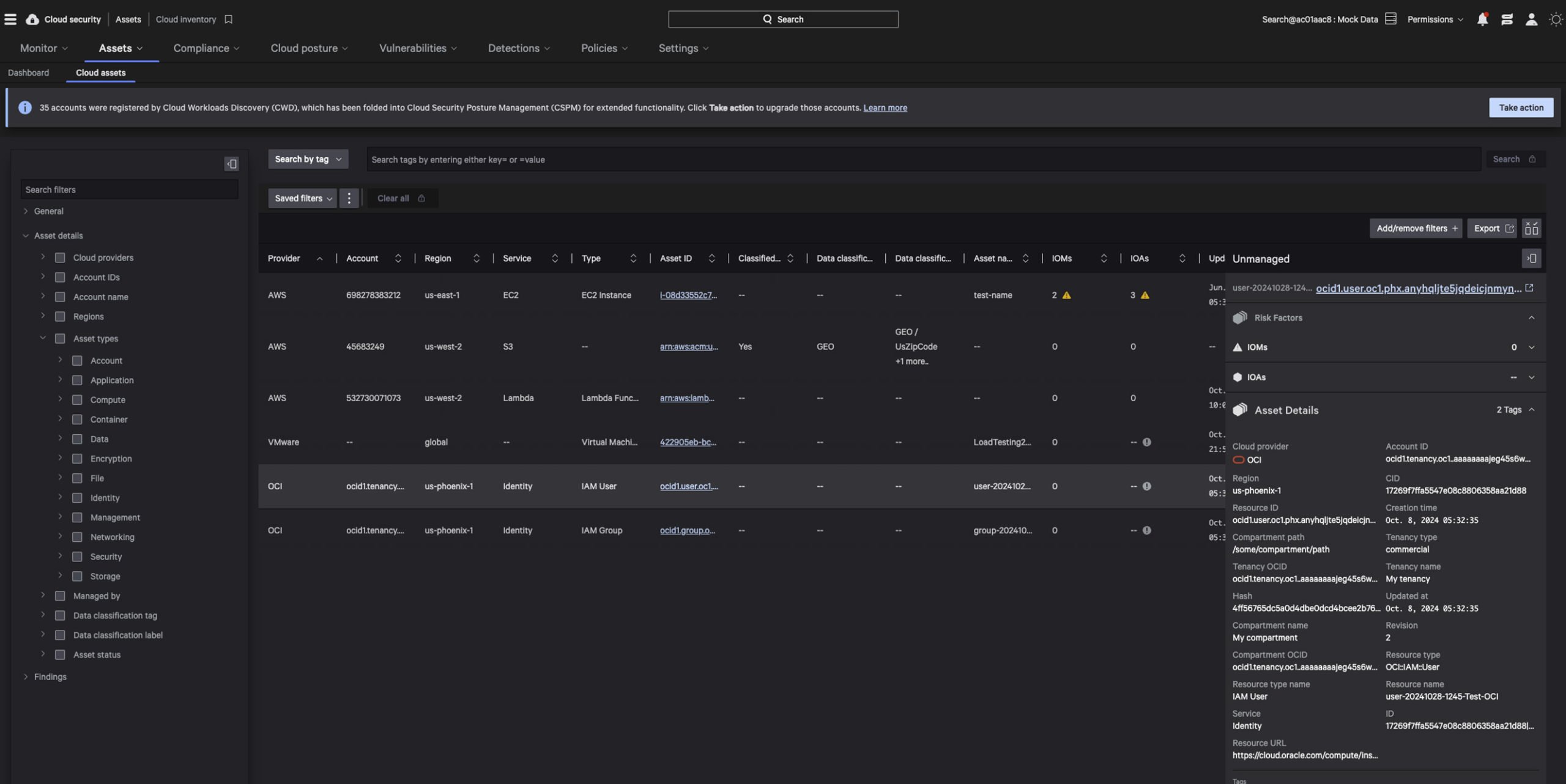 Falcon Cloud Security dashboard displaying a table of cloud assets from AWS, VMware, and OCI, with filters and asset details panel.